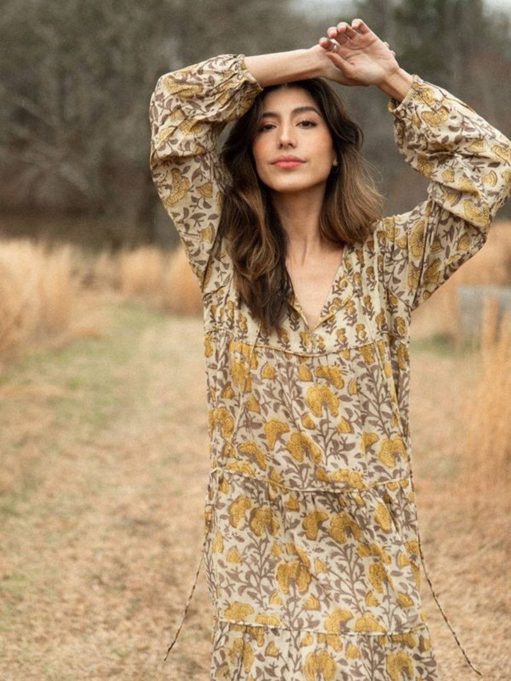 Maelu Willow maxi dress Faye blockprint -Yellow Floral Tiered Maxi Dress